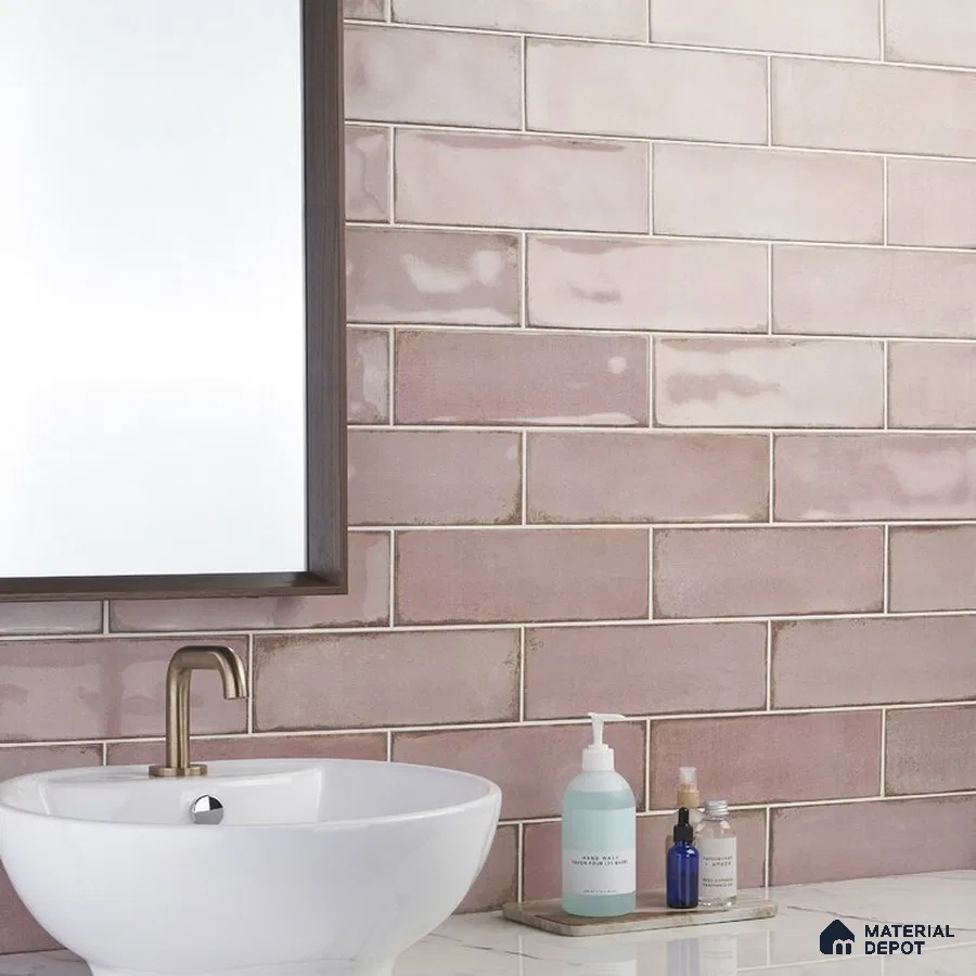 Elegance in Pink Reflective Tiles and White Serenity in Bathroom | Material Depot