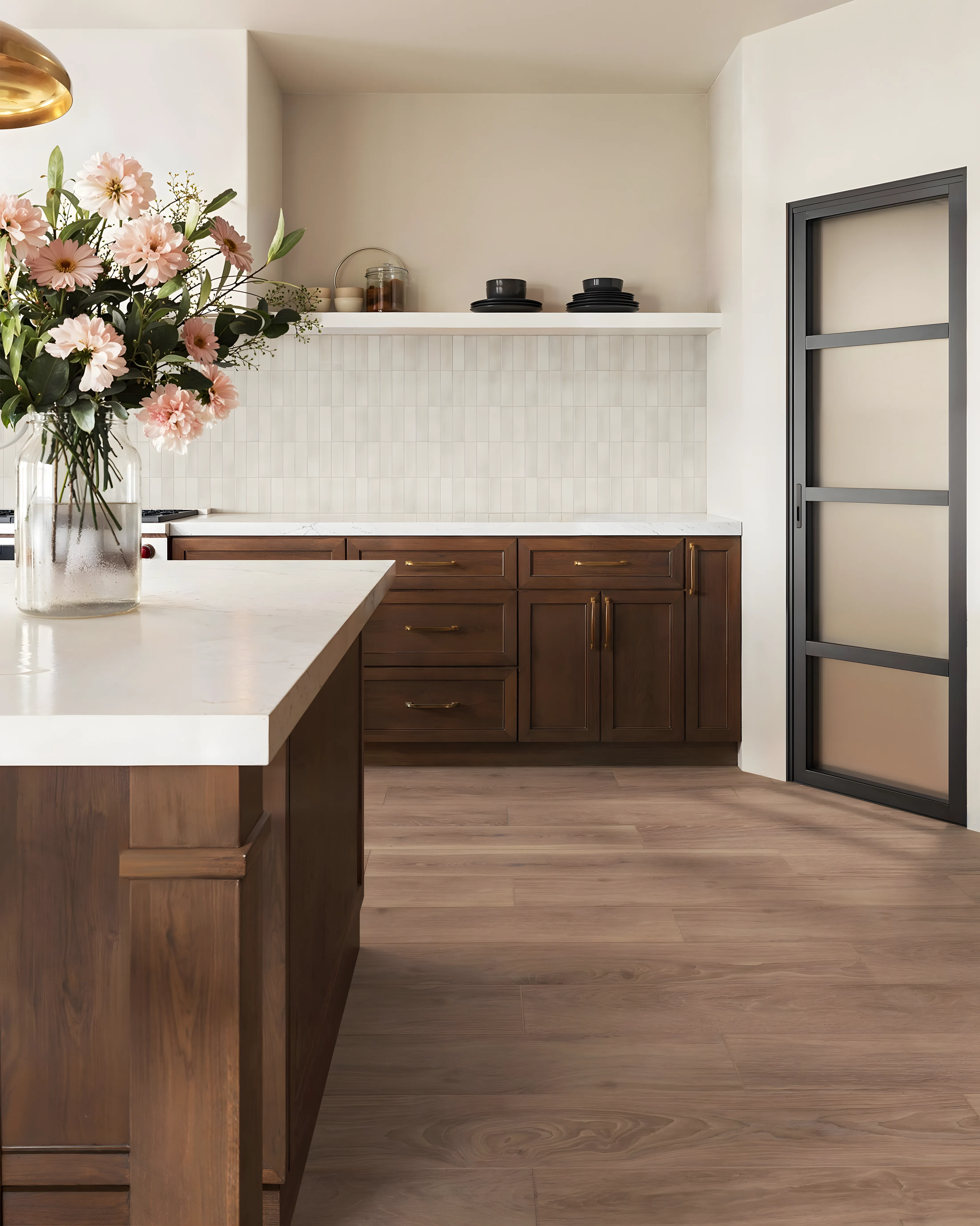 Elegant and Functional Kitchen Design with White Subway Backsplash and Statement Range Hood Pashmina Lagoon Residences KR Puram | Material Depot