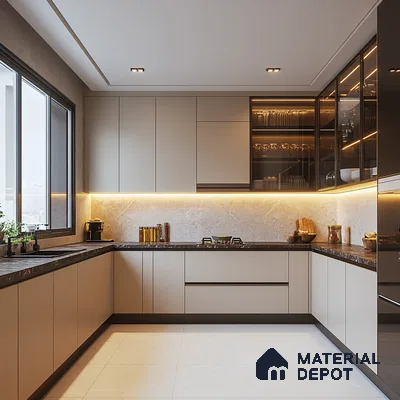 Elegant and Functional U-Shaped Kitchen with Beige Cabinetry, Black Countertops, and Warm Lighting | Material Depot
