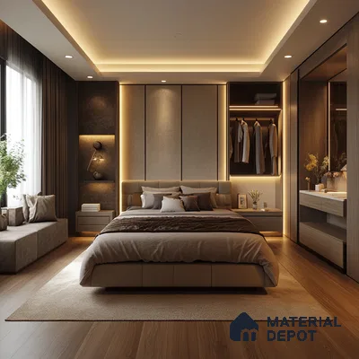 Elegant and Modern Bedroom Design with Ambient Lighting and Custom Storage Godrej Nurture Electronic City | Material Depot
