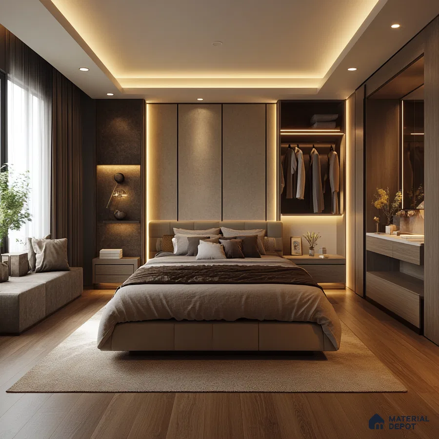 Elegant and Modern Bedroom Design with Ambient Lighting and Custom Storage Godrej Nurture Electronic City | Material Depot