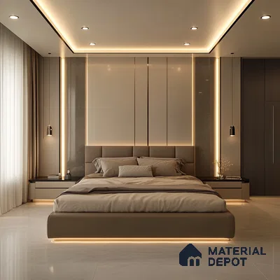 Elegant and Modern Bedroom Design with Panel Wall and Ambient Lighting Prestige Serenity Shores Whitefield | Material Depot