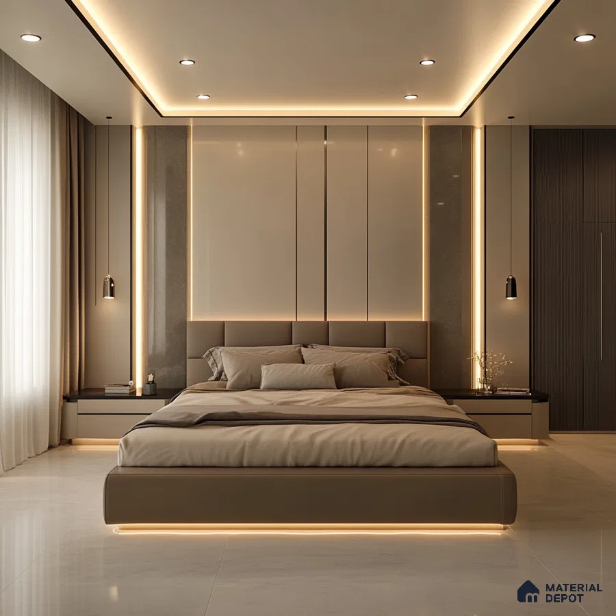 Elegant and Modern Bedroom Design with Panel Wall and Ambient Lighting Prestige Serenity Shores Whitefield | Material Depot