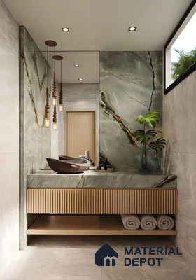 Elegant and Serene Bathroom Design Featuring Calming Green Accents and Luxurious Textures | Material Depot