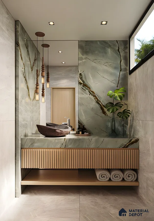 Elegant and Serene Bathroom Design Featuring Calming Green Accents and Luxurious Textures | Material Depot