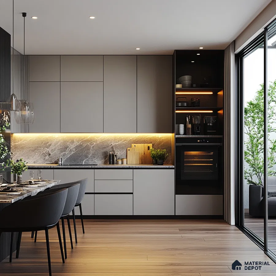 Elegant and Spacious Urban Kitchen with Luxurious Backlit Stone Backsplash and Sleek Modern Design | Material Depot