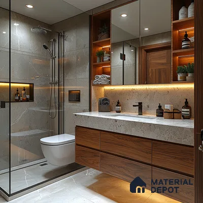 Elegant and Warm: A Luxurious Bathroom Design with Marble and Wood Accents | Material Depot