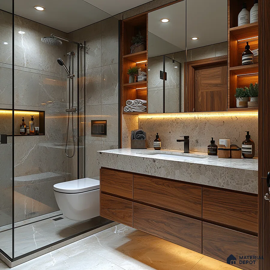 Elegant and Warm: A Luxurious Bathroom Design with Marble and Wood Accents | Material Depot