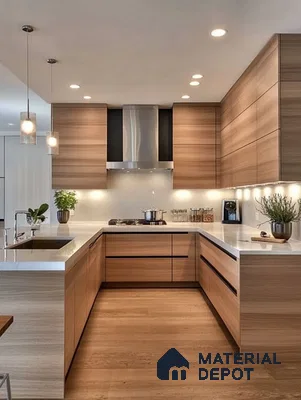 Elegant and Warm Modern Kitchen with Striped Wood Cabinets and Soft Lighting | Material Depot