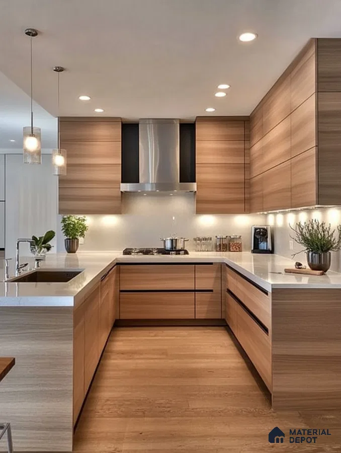 Elegant and Warm Modern Kitchen with Striped Wood Cabinets and Soft Lighting | Material Depot