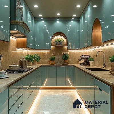 Elegant Arched Kitchen with Aqua Laminates and Golden Highlights | Material Depot
