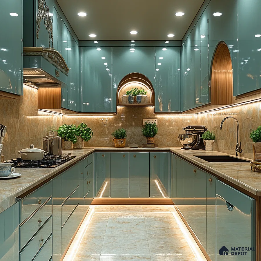 Elegant Arched Kitchen with Aqua Laminates and Golden Highlights | Material Depot
