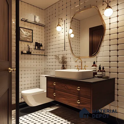 Elegant Art Deco Bathroom with Gold Accents and Patterned Tiles | Material Depot