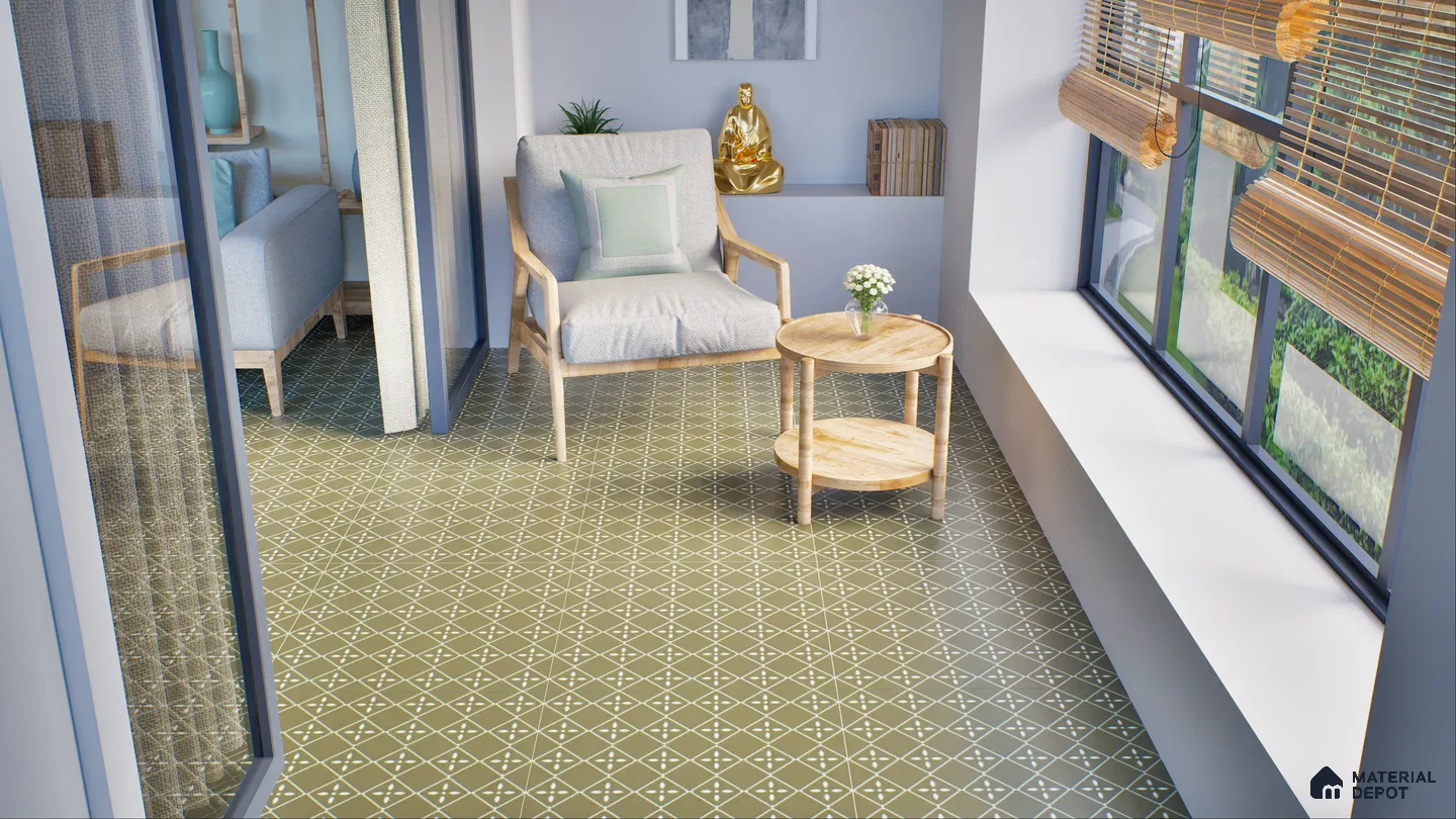 Elegant Sunroom with Olive Green Patterned Tile Flooring | Material Depot