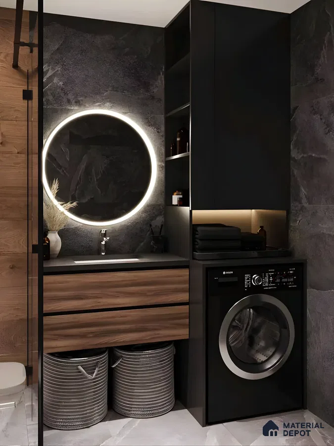Elegant Bathroom Design With Dark Stone Wall | Material Depot