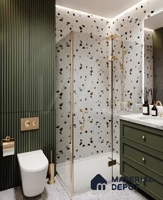 Elegant Bathroom Design with Textured Green Panels and Luxurious Terrazzo Features | Material Depot