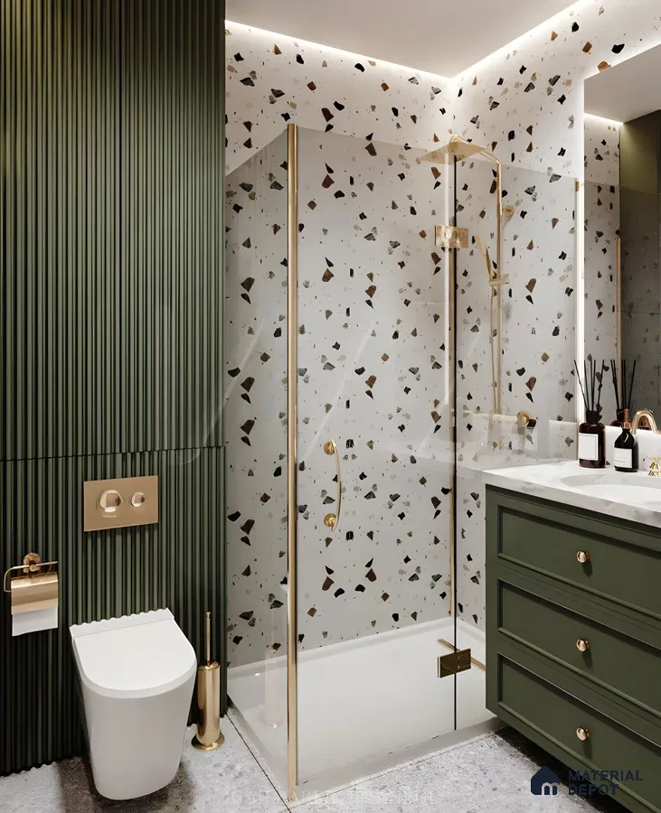 Elegant Bathroom Design with Textured Green Panels and Luxurious Terrazzo Features | Material Depot