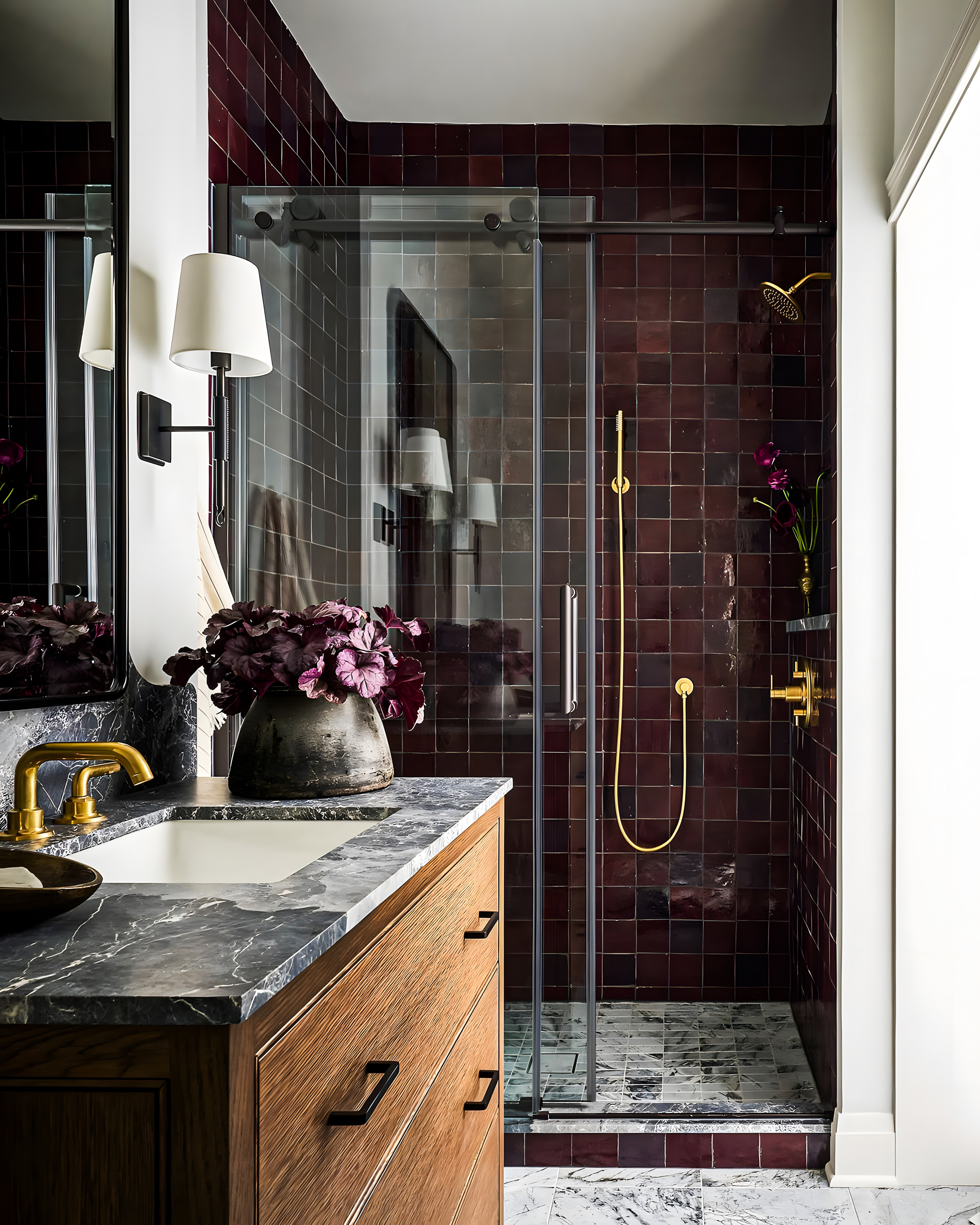 Elegant Bathroom Oasis with Dark Tile Shower and Rich Wood Accents | Material Depot