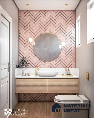 Elegant Bathroom Vanity with Pink Herringbone Tiles | Material Depot