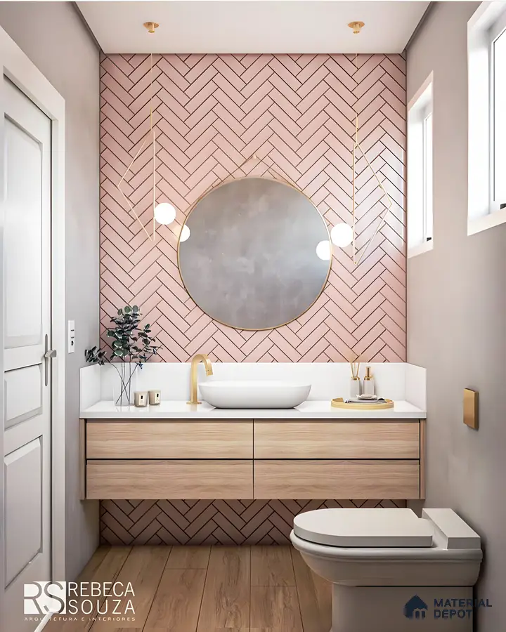 Elegant Bathroom Vanity with Pink Herringbone Tiles | Material Depot