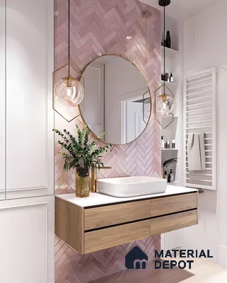 Elegant Bathroom Vanity with Pink Herringbone Tiles | Material Depot