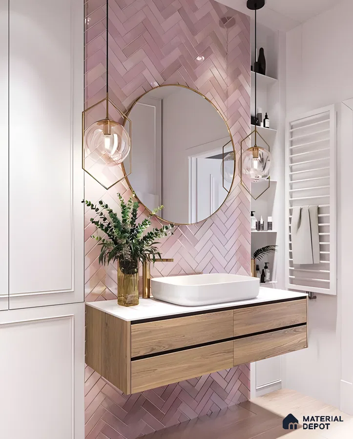 Elegant Bathroom Vanity with Pink Herringbone Tiles | Material Depot
