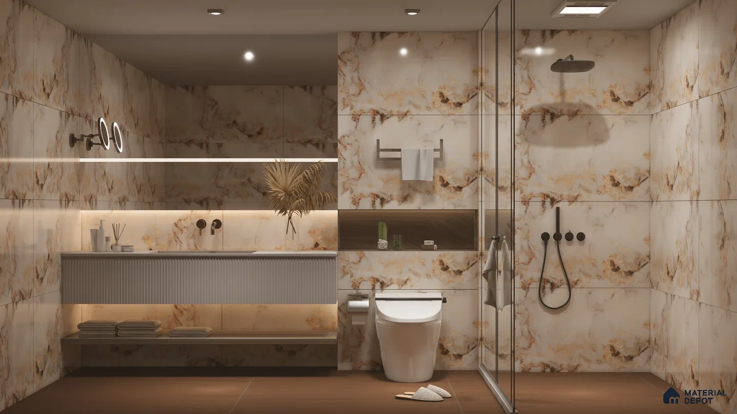 Elegant Bathroom with Beige and Gold Marble Accents | Material Depot