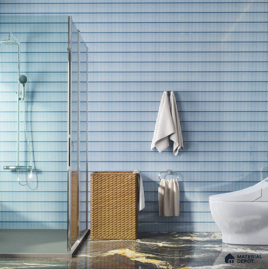 Elegant Bathroom with Blue Textured Tiles and Marble Floor | Material Depot
