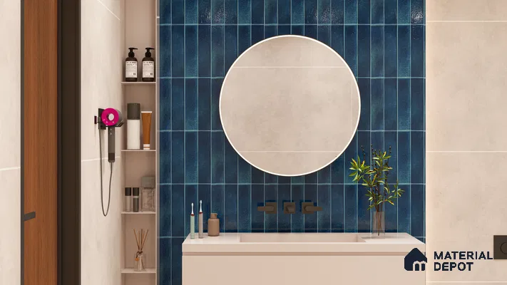 Elegant Bathroom with Deep Blue Vertical Subway Tiles | Material Depot