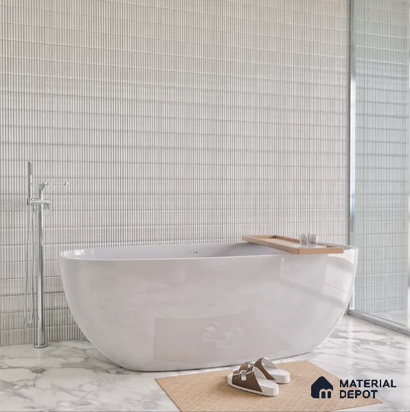 Faux Subway Wall Tile TL 04691 B Vertiline Kitkat Solara Smoke White 2 ft x 1 ft Ceramic Glossy Finish - 9 mm | Suitable For Kitchen, Bathroom Walls and Backsplashes | Please Expect a Slight Variation of Pattern