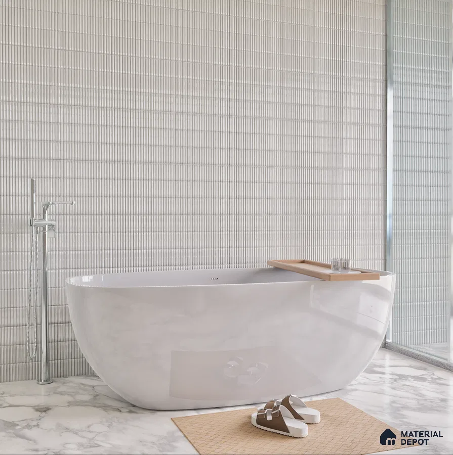 Elegant Bathroom with Freestanding Tub and Textured Tiles | Material Depot