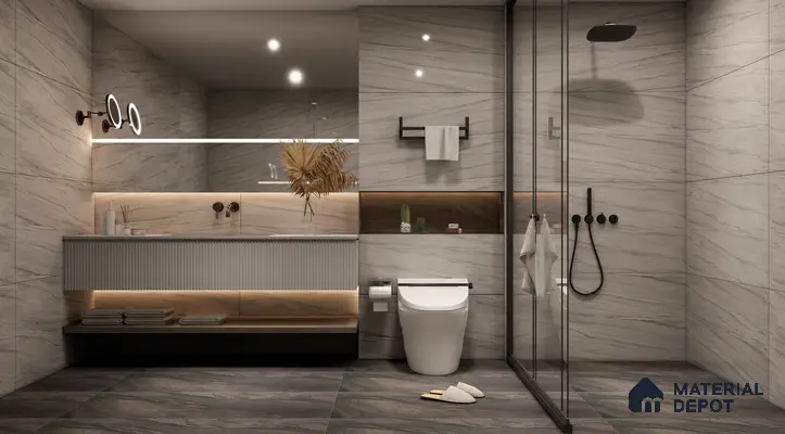 Elegant Bathroom with Gray Marble Look Tiles and Wooden Accents | Material Depot