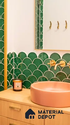 Elegant Bathroom with Green Scalloped Tiles and Contemporary Fixtures | Material Depot