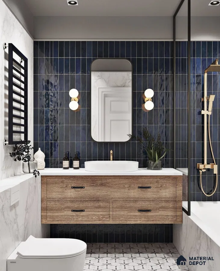 Elegant Bathroom with Navy Subway Tiles | Material Depot