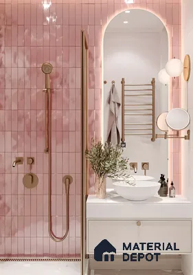 Elegant Bathroom with Pink Tiles and Gold Accents | Material Depot