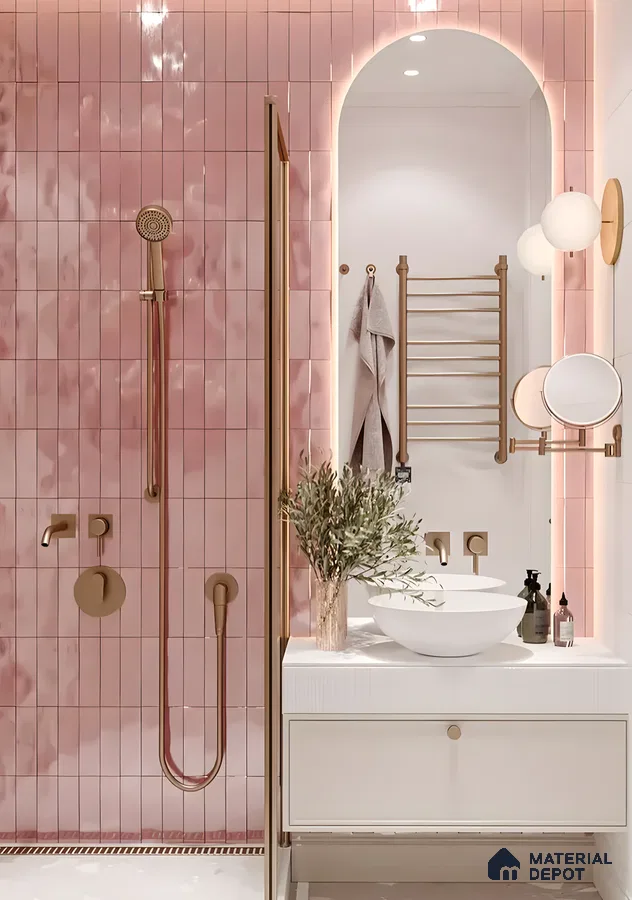 Elegant Bathroom with Pink Tiles and Gold Accents | Material Depot