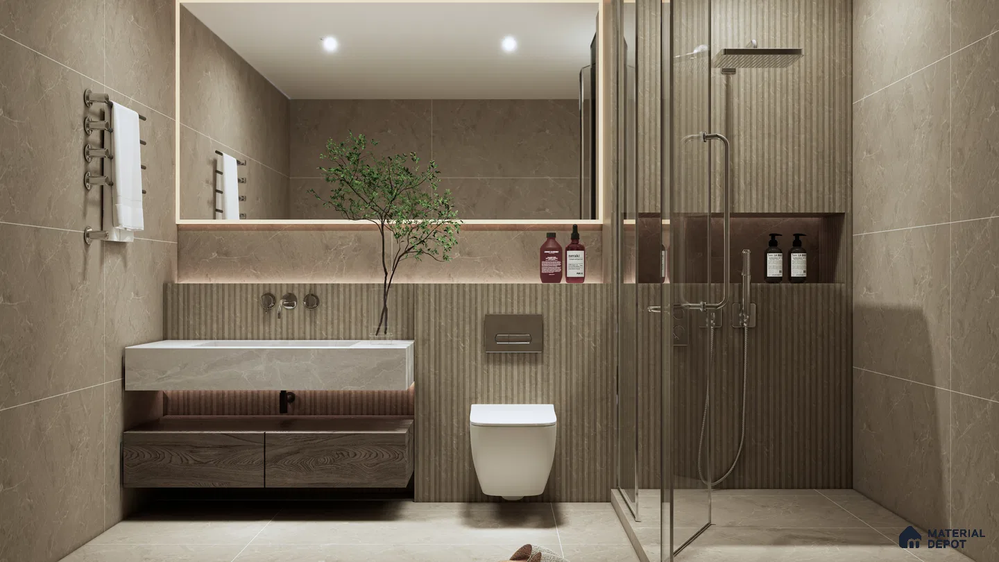 Elegant Bathroom with Punch Texture and Marble Look Tiles | Material Depot