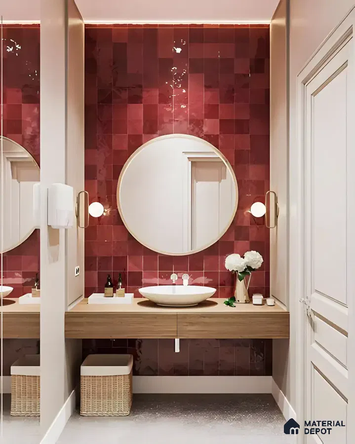 Elegant Bathroom with Red Tile Accent Wall | Material Depot