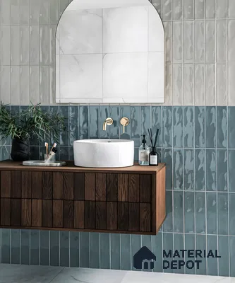 Elegant Bathroom with Textured Blue Tiles and Wooden Vanity | Material Depot