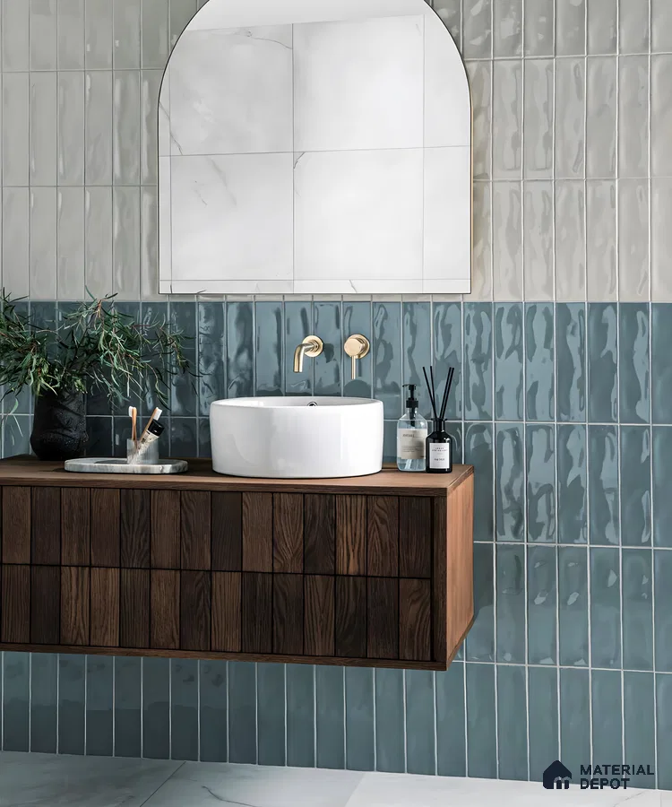 Elegant Bathroom with Textured Blue Tiles and Wooden Vanity | Material Depot