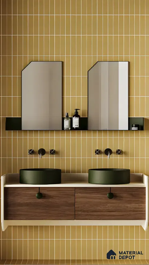 Elegant Bathroom With Yellow Tiled Wall | Material Depot