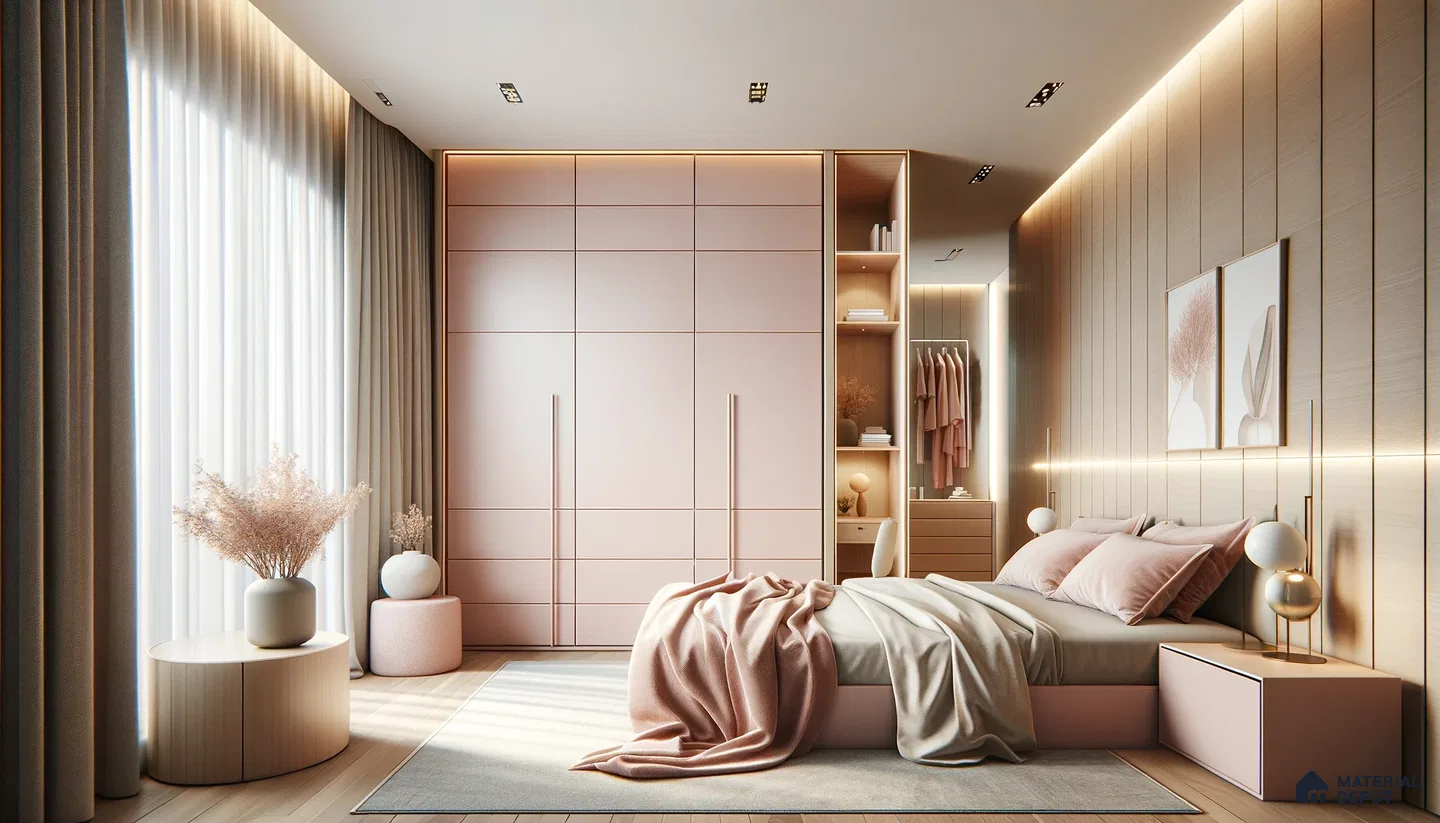 Elegant Bedroom Retreat with Blush Tones and Warm Wood Accents | Material Depot