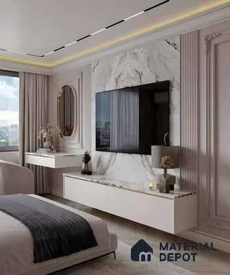 Elegant Bedroom Tv Wall With Bookmatched Marble And Neoclassical Moulding | Material Depot