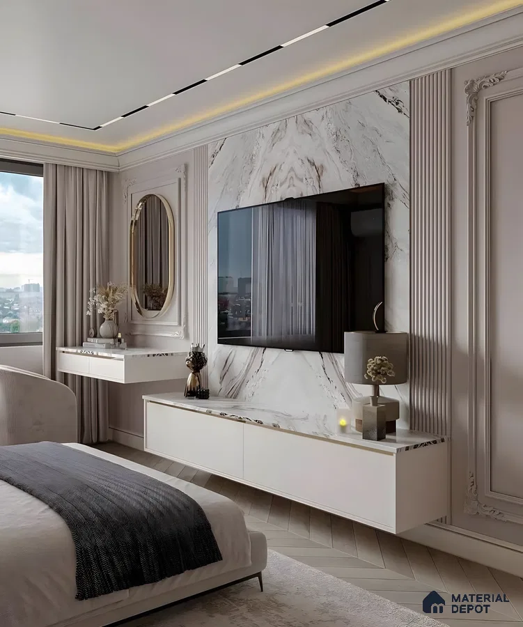 Elegant Bedroom Tv Wall With Bookmatched Marble And Neoclassical Moulding | Material Depot