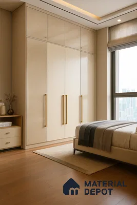 Elegant Bedroom with Champagne Glossy and Fluted Laminate Wardrobe | Material Depot
