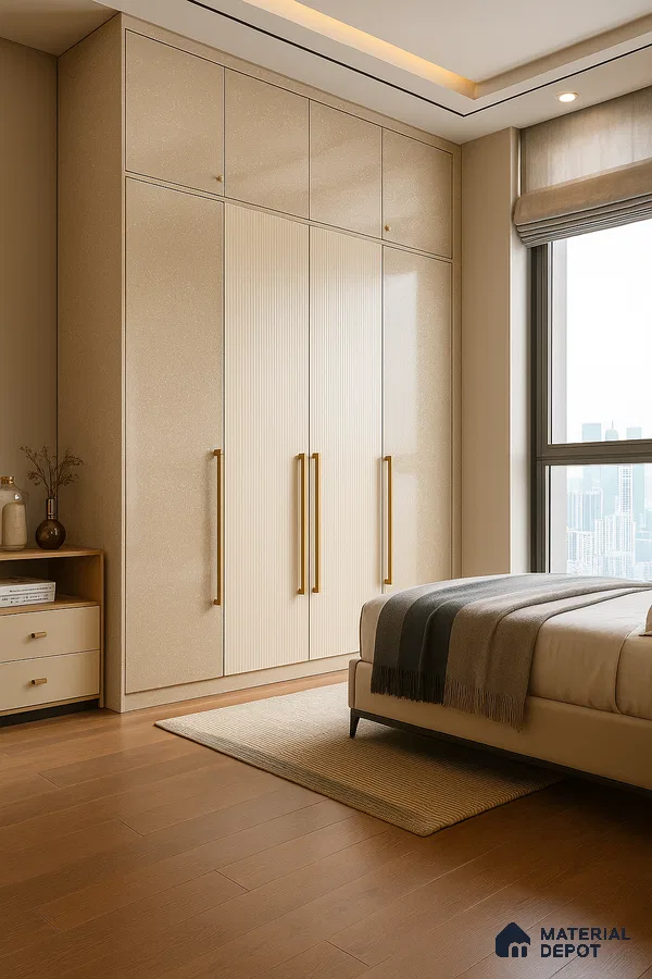 Elegant Bedroom with Champagne Glossy and Fluted Laminate Wardrobe | Material Depot