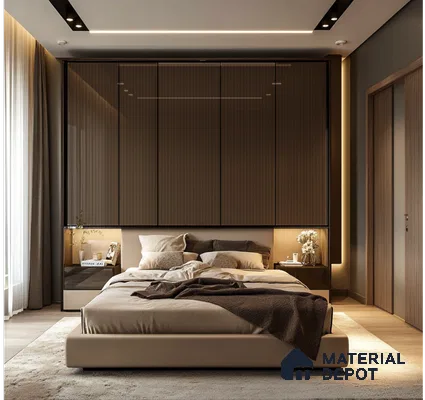 Elegant Bedroom with Dark Fluted Acrylic Wardrobe and Warm Lighting | Material Depot