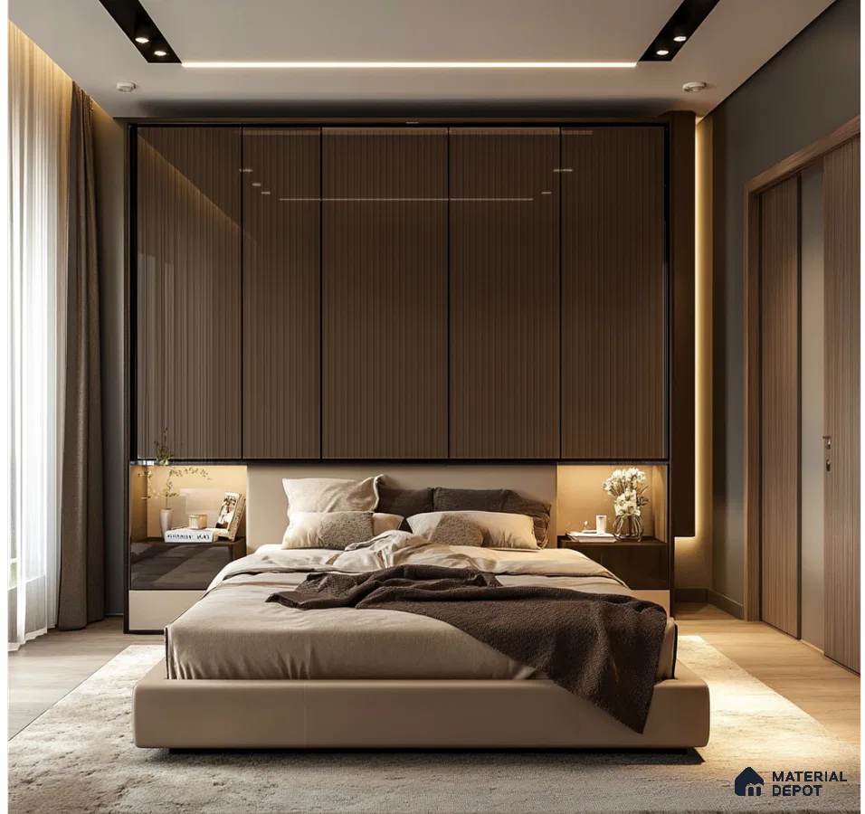 Elegant Bedroom with Dark Fluted Acrylic Wardrobe and Warm Lighting | Material Depot