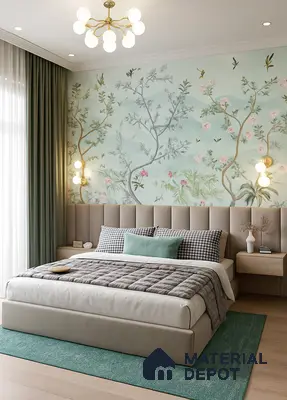 Elegant Bedroom with Floral Accent Wall and Modern Upholstered Bed | Material Depot