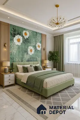 Elegant Bedroom with Floral Green Accent Wall and Modern Decor | Material Depot